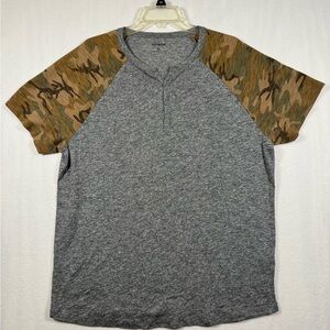 Express Men's Gray Henley with Camo Raglan Sleeves